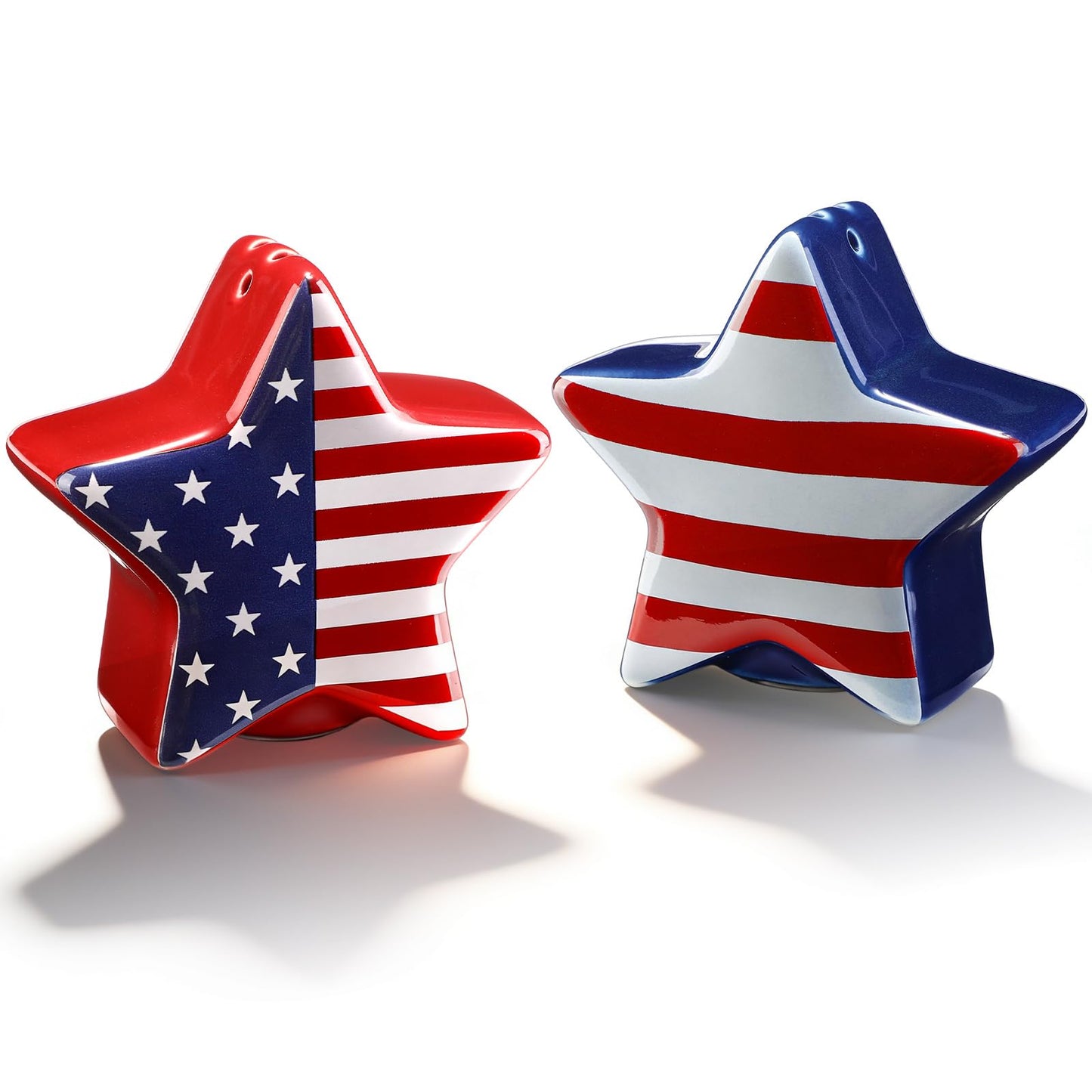 RimCereal 2 Pcs 4th of July Star Shaped Salt and Pepper Shakers with American Flag Decor 3 Inch Patriotic Memorial Day Ceramic Salt and Pepper Shakers Set Red White Blue Decorations for Home Kitchen
