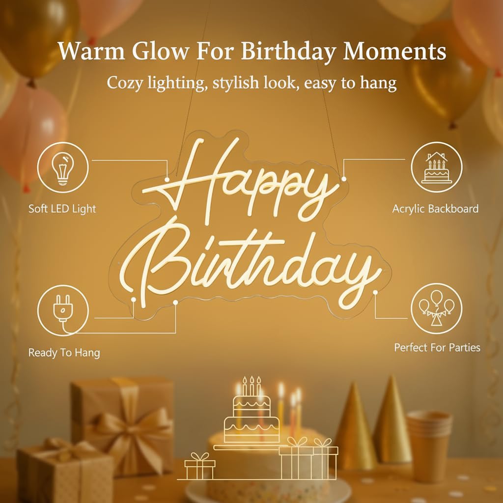 Happy Birthday Neon Sign, 22×16.9 Inch Large Warm White Dimmable LED Light Up Sign, Neon Happy Birthday Banner Backdrop for Party Wall Decor
