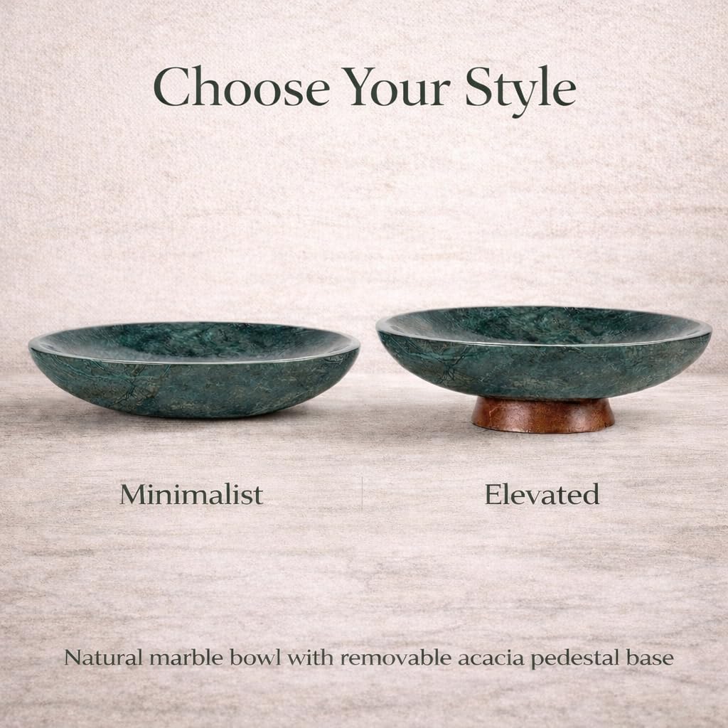 Decorative Marble Bowl Green - Handcrafted Natural Stone on Acacia Wood Pedestal - Versatile 10" Catch‑All Centrepiece for Home Decor - Entryway, Dining Table, Kitchen Fruit Bowl, Key Holder (Green)