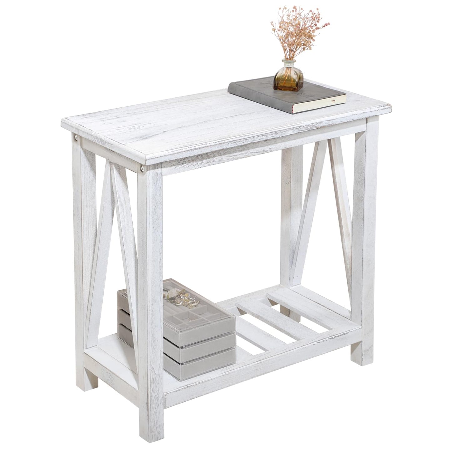 FEUFOAM Farmhouse Narrow End Table Wooden Rustic White Side Tables with Storage Shelves Narrow Sofa Table for Small Spaces Living Room Bedroom Bathroom Dorm