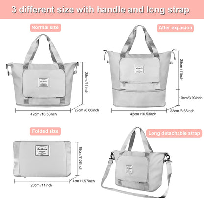 Foldable Travel Duffel Bag,Large Capacity Gym Tote Bag with Detachable Long Strap, Dry Wet Separated Overnight Bag (Gray)