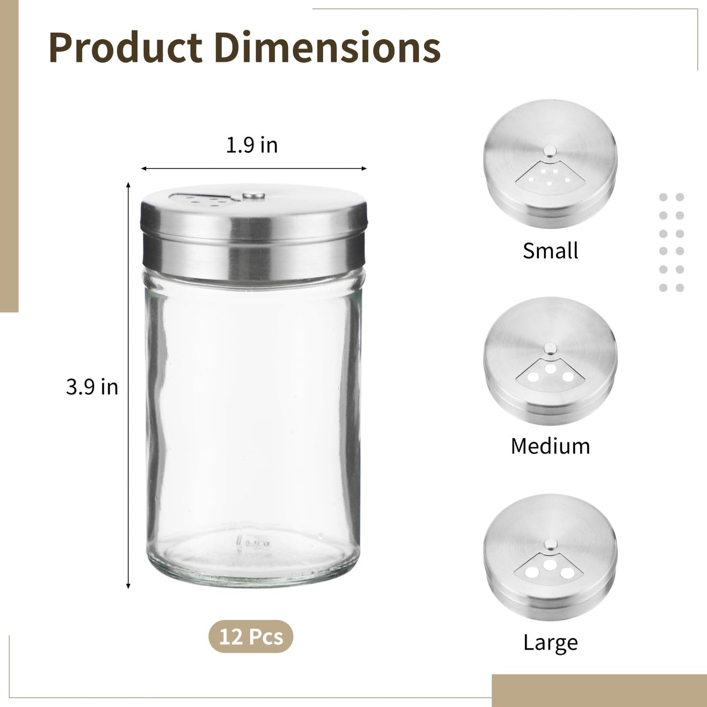 12 Pcs Glass Seasoning Shakers Set, 120 ml / 4 fl oz Spice Shakers with Stainless Steel Lid, Rotating Top Seasoning Containers for Kitchen, Controllable Salt Dispensing Bottle
