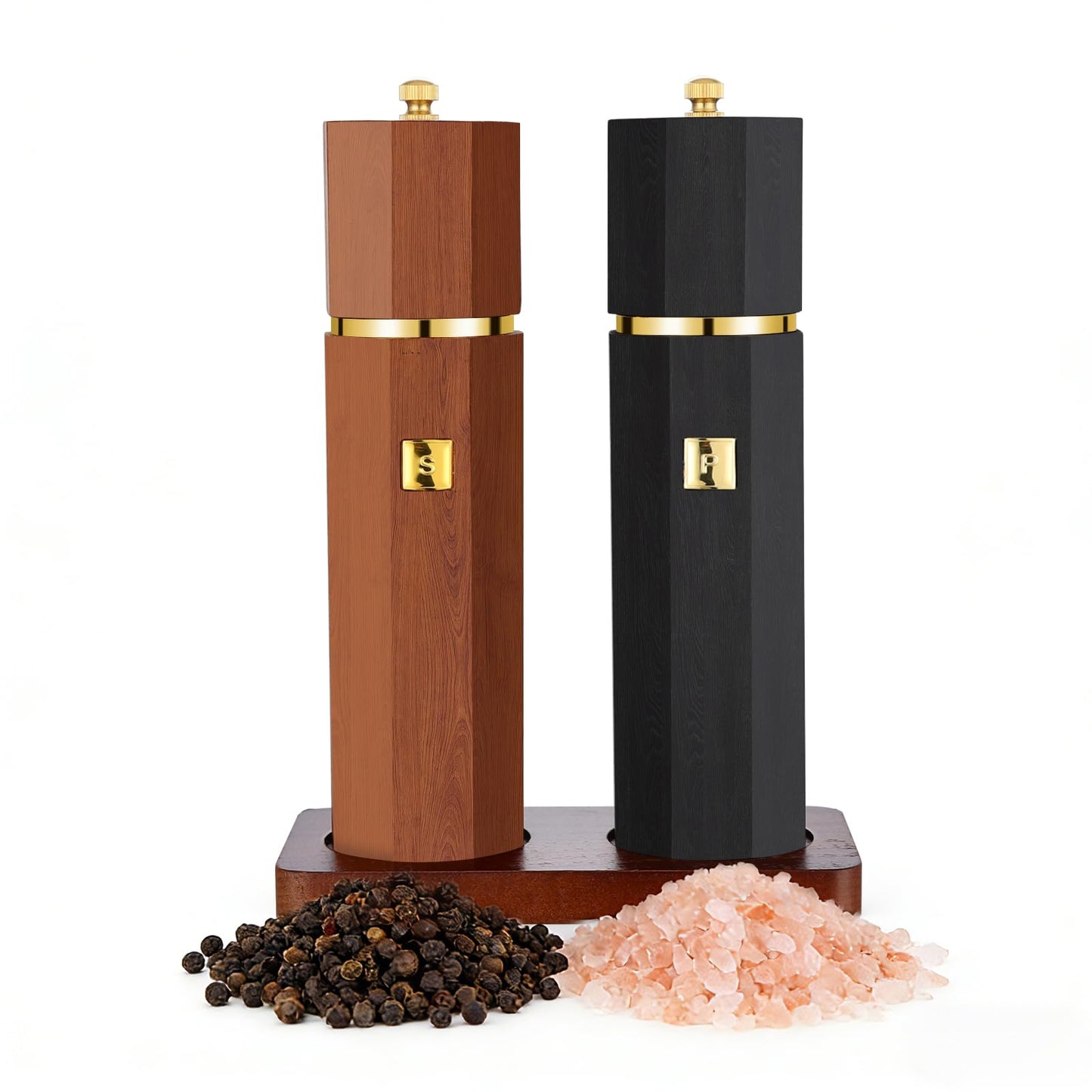 Fewuto Solid Wooden Salt and Pepper Grinder Set - Adjustable Ceramic Grinder Refillable Manual Mill Natural Wood Finish, 8 Inch Kitchen Dining Table Essential Birthday Gift 2 Pack