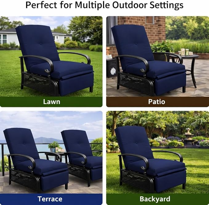 Kozyard Adjustable Outdoor Reclining Lounge Chair, Cushioned Patio Chaise Lounge with Extendable Metal Frame for Sunbathing, Reading & Relaxing – Comfortable Outdoor Recliner(Navy Blue)