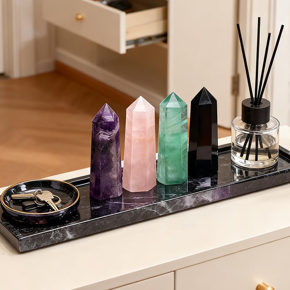 4PCS 1.96-2.75" Natural Crystals Tower Figurine Ornaments Polishing Rose Quartz Amethyst Stone Hexagonal Point Wand Obelisk Statue for Aquarium Decorative Rocks Gifts Home Decor(1.96-2.75inch 4pcs)