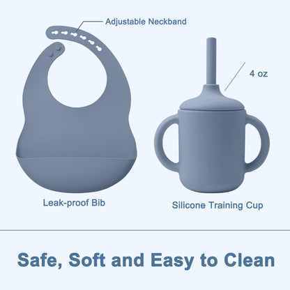 LITTLE RAWR Silicone Baby Feeding Set 14 Pcs,Baby Led Weaning Supplies, Baby Spoons Suction Bowl Divided Plate Bib Cup Finger Brush,First Stage Solid Food Eating Utensils - 6+ Months(Blue Gray)