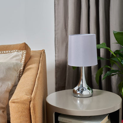 MiniSun | Modern Chrome Teardrop Touch Table Lamps with Grey Fabric Shades | Table Lamps, Home Décor & Improvement Essential | Set of 2 | Includes 5W LED Bulbs [3000K Warm White]