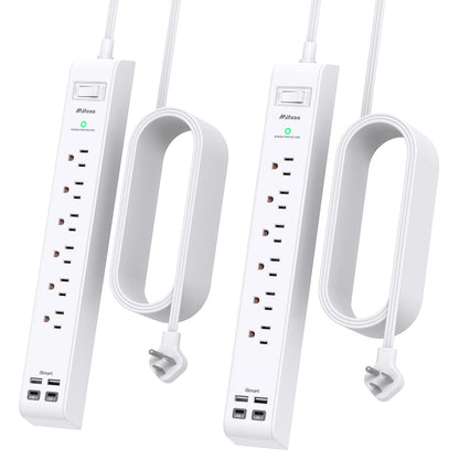 2 Pack Power Strip, 12FT Long Extension Cord, Surge Protector with 6 Outlets and 4 USB Ports (2 USB C), Flat Plug Overload Protection, Extension Cord 10+ ft, Wall Mount for Home Office Dorm College