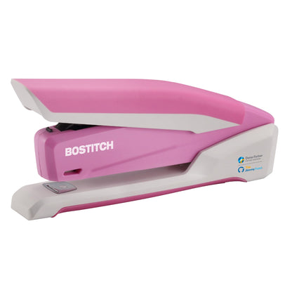 Bostitch Office InPower Spring-Powered Desktop Stapler, 20 Sheet Capacity, One Finger Stapling, Includes 210 Staples, Jam Free, Opens for Tacking, Breast Cancer Awareness Pink