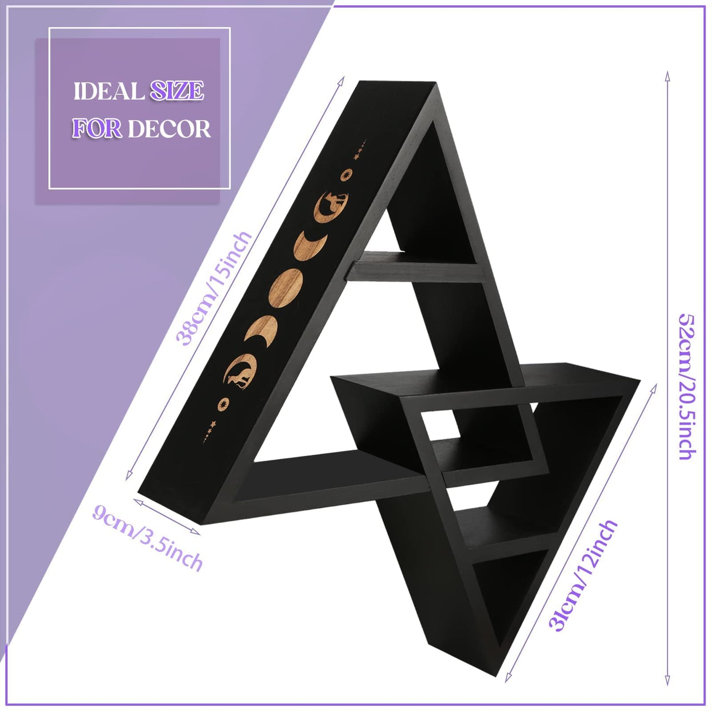 ANROYE Moon Phases Triangle Shelf with Hooks, Wiccan Black Wood Crystal Shelves for Storage Women Jewelry Gem Stone, Pagan Pyramid Geometrical Decor Holder Display for Altar Meditation