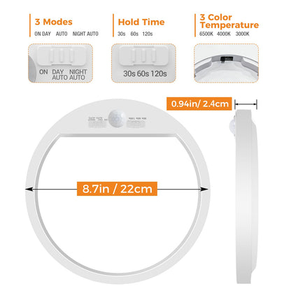slochi LED Ceiling Light with Motion Sensor, 3000K-4000K-6500K & 100W Equivalent Motion Sensor Lights Indoor, 18W 1800LM 18cm Bathroom Ceiling Light for Bath,Porch,Stairs,Garage