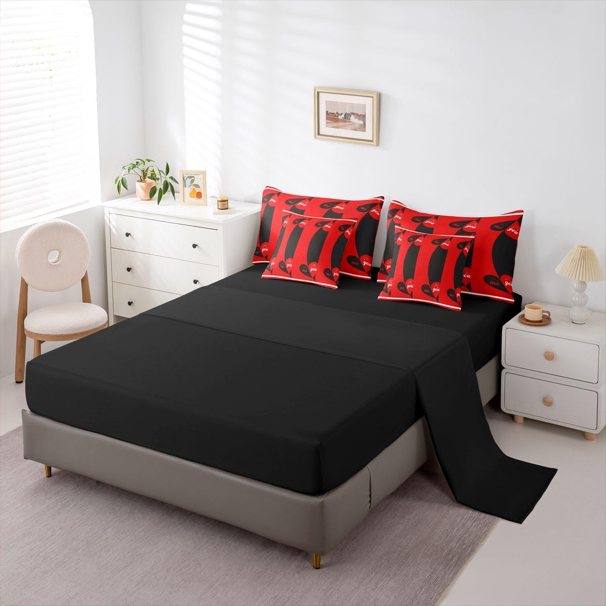 Erosebridal Love You and Me Queen Bedding Set 7 Piece Cute Love Heart Bed in A Bag with Sheets Valentine Romantic Heart Pattren Comforter Set for Women Men Adults,Couple Wedding Bed Sets