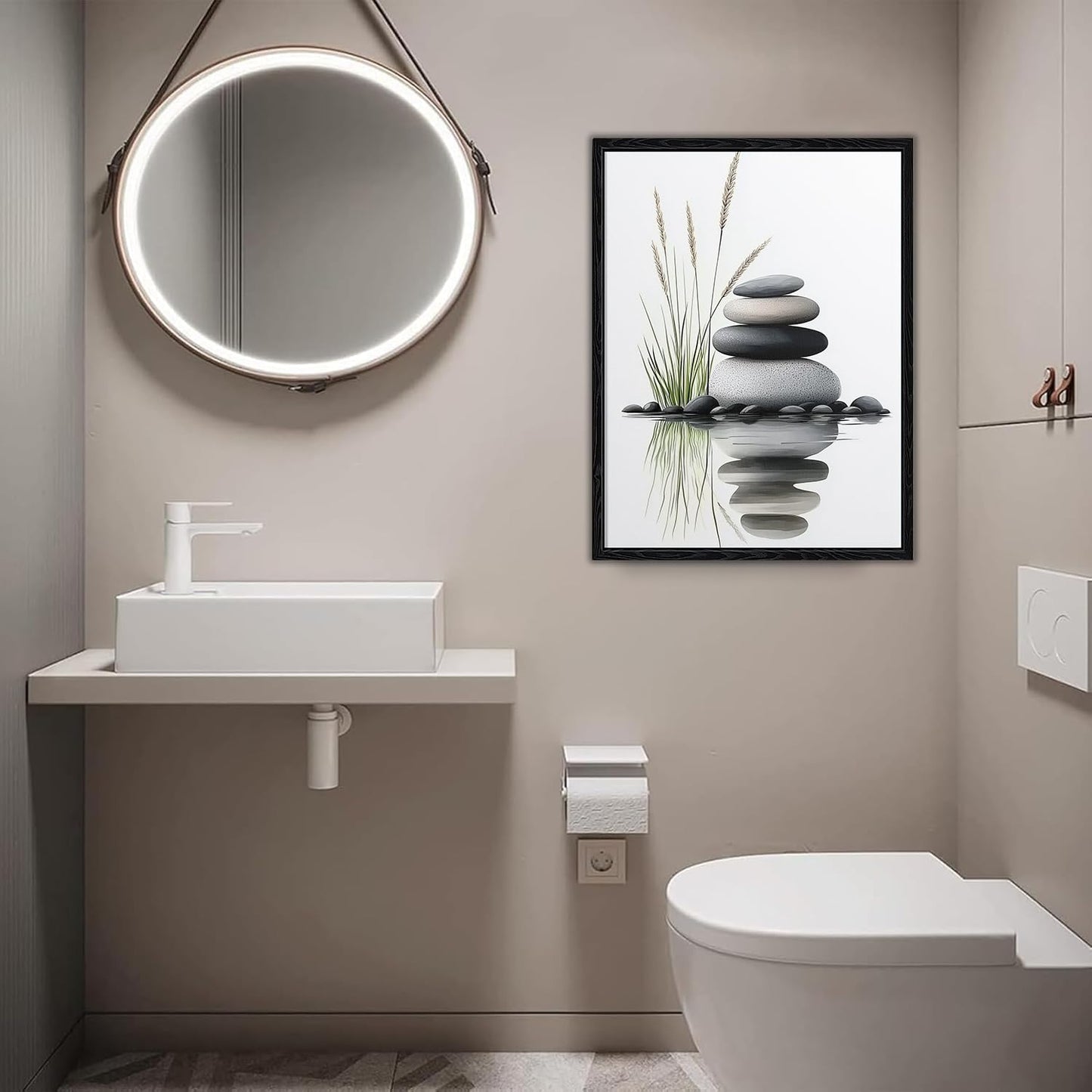 Serene Zen Stacked Stones with Water Reflection Canvas Wall Art - Cozy Modern Minimalist Spa Decor for Bathroom Bedroom Living Room - HD Waterproof Premium Stretched Framed Ready to Hang 12x16 Inches