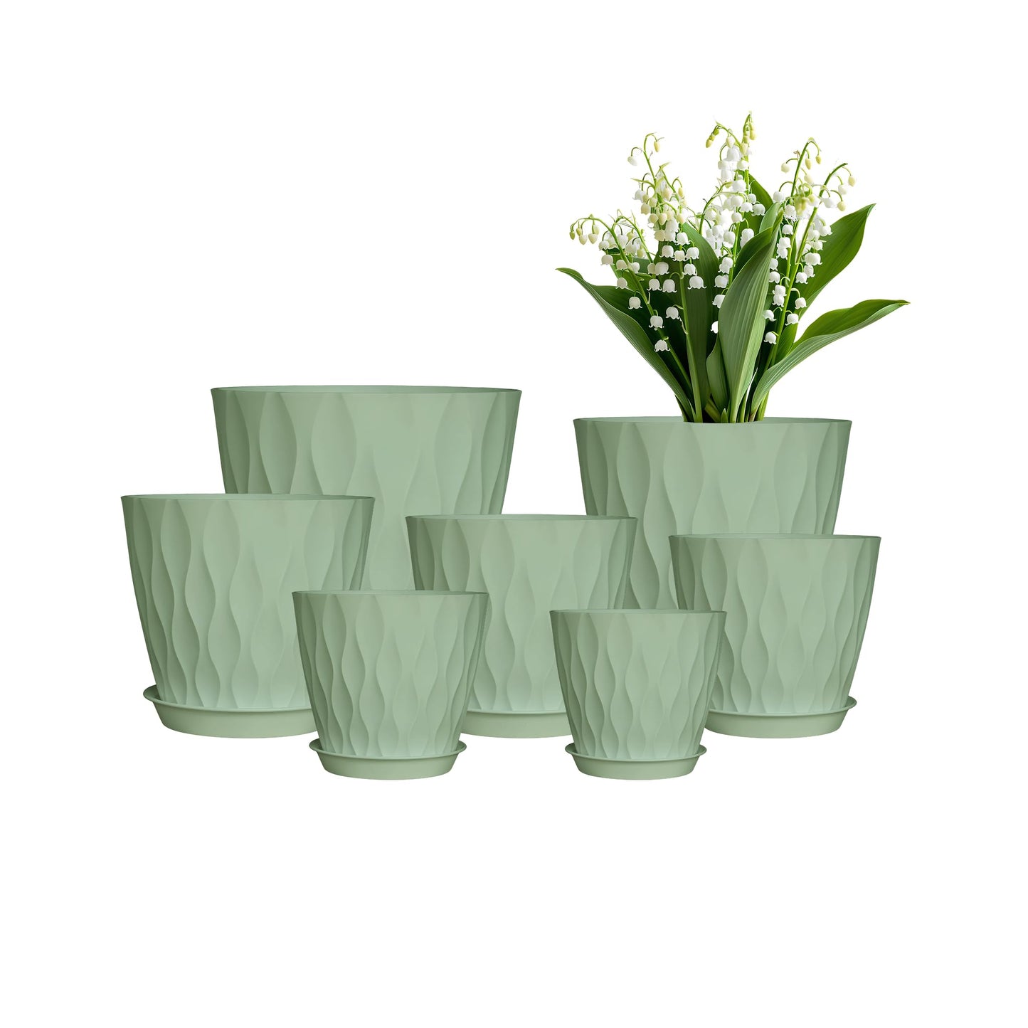 LESOASIS Plastic Plant Pots, 7/6.5/6/5.5/5/4.5/4 inch Flower Pots with Drainage Holes and Trays, 7 Pack Planter for Indoor Outdoor Plants (Green)