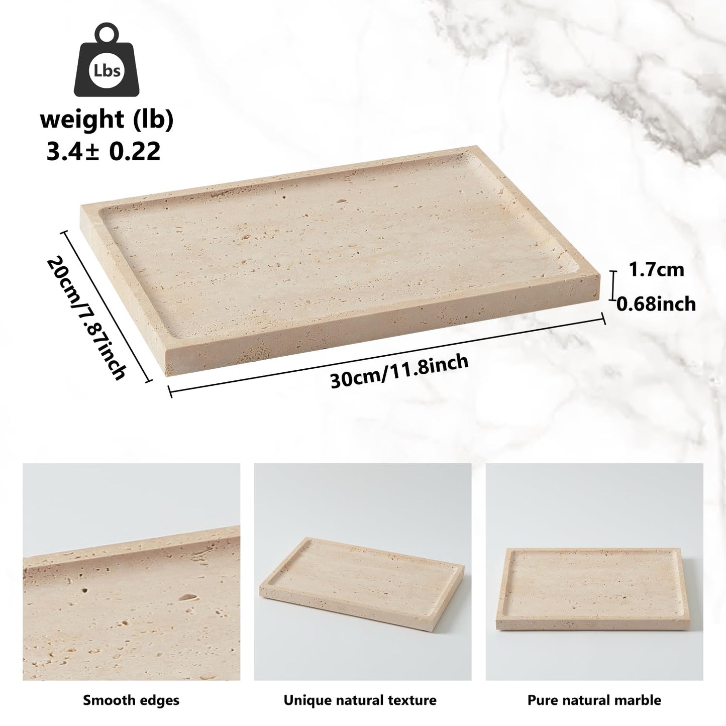 Real Luxurious Natural Travertine Tray - 12x8 Inch Marble Vanity Tray for Perfume Display, Jewelry Organizer, Bathroom & Home Decor -Heavy Duty Non-Slip Stone Tray (Non-Resin/Non-Ceramic)