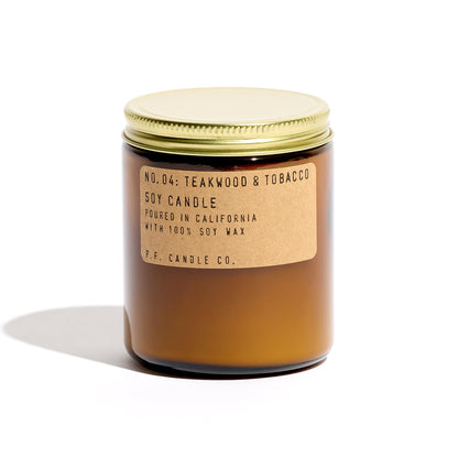 P.F. Candle Co. Teakwood & Tobacco Classic Standard Scented Soy Wax Candle (7.2 oz) 40-50 Hour Burn Time, Amber Glass Jar, Made in The U.S.A.