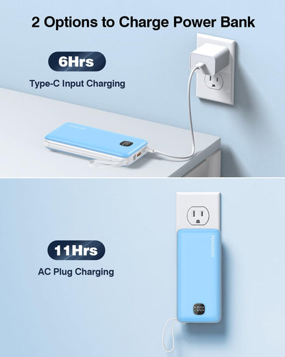 Portable Charger with Built-in Cables&AC Wall Plug,Slim 10000mAh 22.5W Fast Charging Power Bank,5 Output 2 Input USB-C External Battery Pack Compatible with iPhones,Samsung,Android, etc