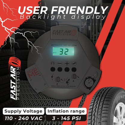 Fast Air Precision Automatic Tire Inflator Wall Mountable Pressure Gauge LCD Display for All Vehicule an Truck Tires Heavy Duty Use, for Dealerships, Garages, Tire Shops and More.