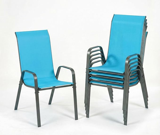 MAMIZO Patio Dining Chairs, Stackable All Weather Teslin Chair, Heavy Duty Outdoor Breathable Chairs Set, w/Armrests, Upgraded Chair FeetW/Strenthened Iron Spacers, 330 LBS (6, Turquoise Blue)