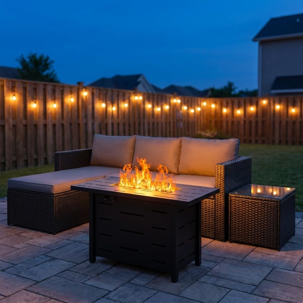 SUNLEI 4-Piece Patio Furniture Set with 43" Propane Fire Pit Table, Outdoor Wicker Sectional Sofa Set, All-Weather Conversation Set for Backyard, Poolside, Garden, Grey Cushions