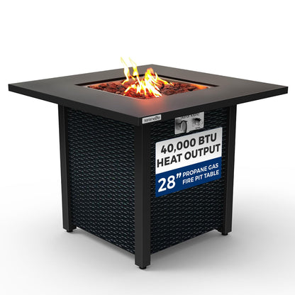 SereneLife Outdoor Propane Fire Pit Table - 40,000 BTU Square Gas Fire Table with Steel Top, Rattan-Style Panels, 6.6 lbs Lava Rock Set, Pulse Ignition for Patio & Backyard Heating, 28 x 28 x 24 in