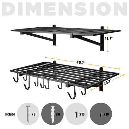 BTRAM 2 Pack Heavy Duty Garage Wall Shelving, 2' x 4' wall mount storage shelf, Holds 200 lbs Each, Garage Shelving Wall Mounted, Storage Rack with Hooks (Black)