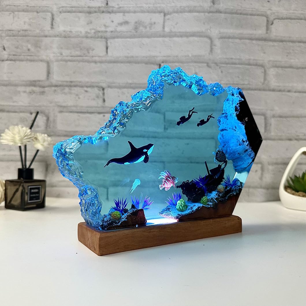 VISIOLEX Resin Ocean Lamp, Resin Wooden Lamp, Table Lamp, Night Lamp, Resin Lamp, Ocean Lamp, Tabletop Art Decoration, Handmade Bedside Wooden Table Resin Lamp, Bedroom Decoration (6 * 4in)