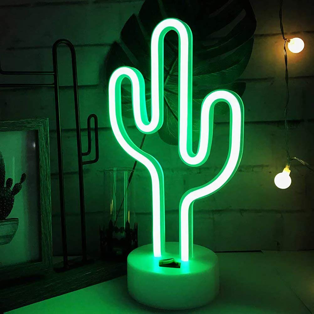 Green Cactus Neon Light Signs LED Cactus Neon Night Lights with Pedestal Room Decor Battery/USB Operation Lamps Neon Signs Light Up Children's Room Bedroom Wedding