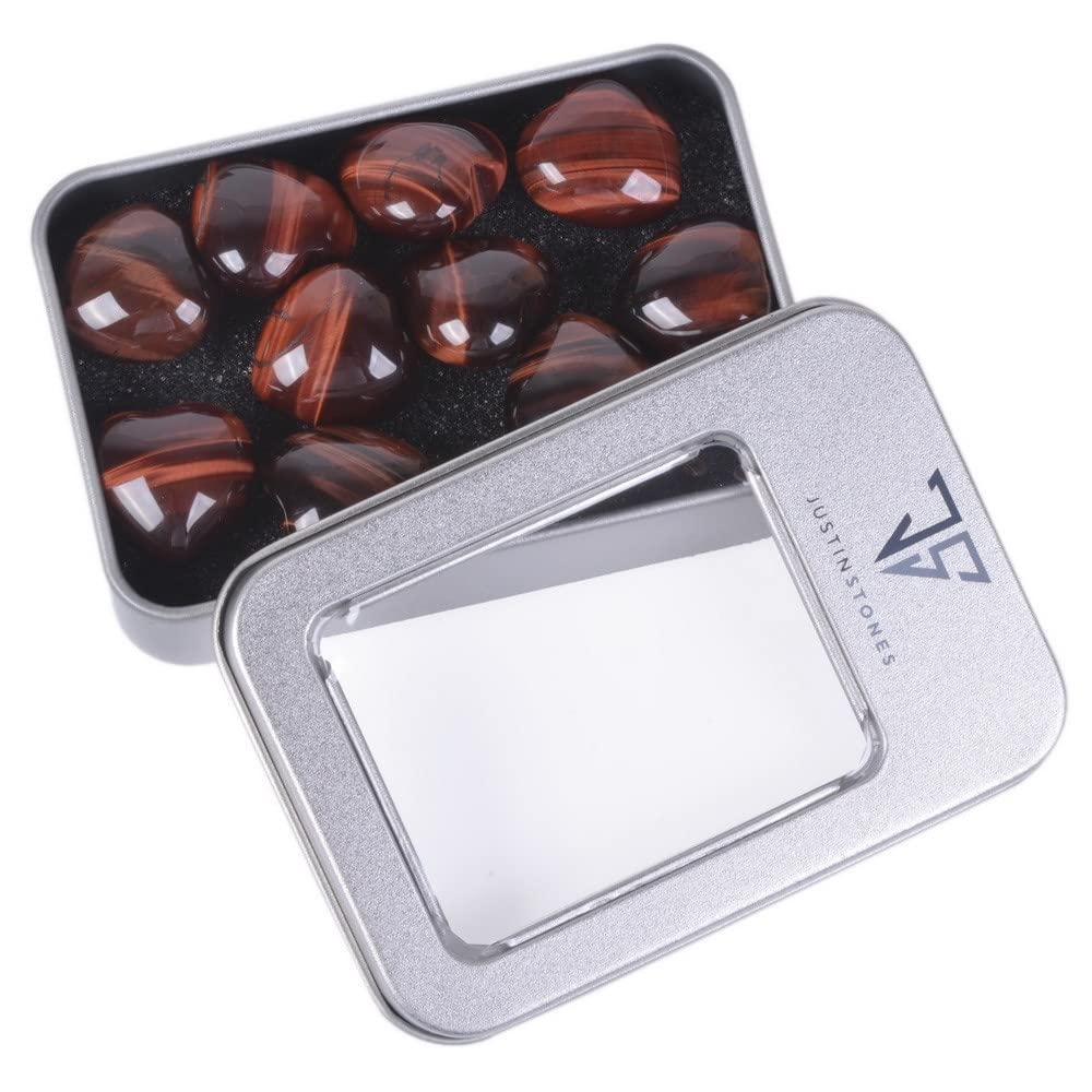 Natural Red Tiger Eye Gemstone Healing Crystal 0.8" Mini Puffy Heart Pocket Stone Iron Gift Box (Pack of 10)