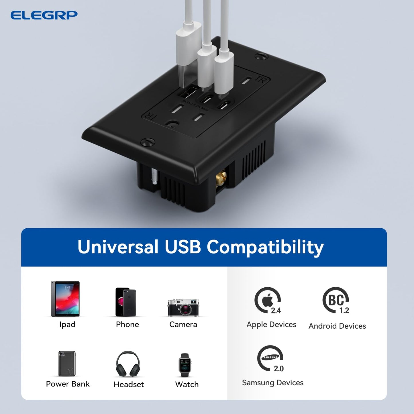 ELEGRP USB Outlets, 15 Amp Wall Outlet with 3 USB Ports, Dual USB C Ports Outlets, TR Tamper-Resistant USB Outlets Receptacles, Wall Plate Included, UL/CUL Listed, 10 Pack, Black