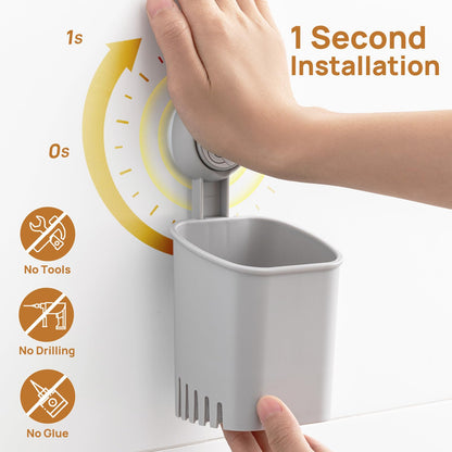 LEVERLOC Powerful Suction Toothbrush Holder 2 Pack, Removable Drill-Free Wall Shower Holder for Toothbrush, Toothpaste, Razor, Self-draining Suction Cup in Shower, Kitchen Tableware Organizer, Gray
