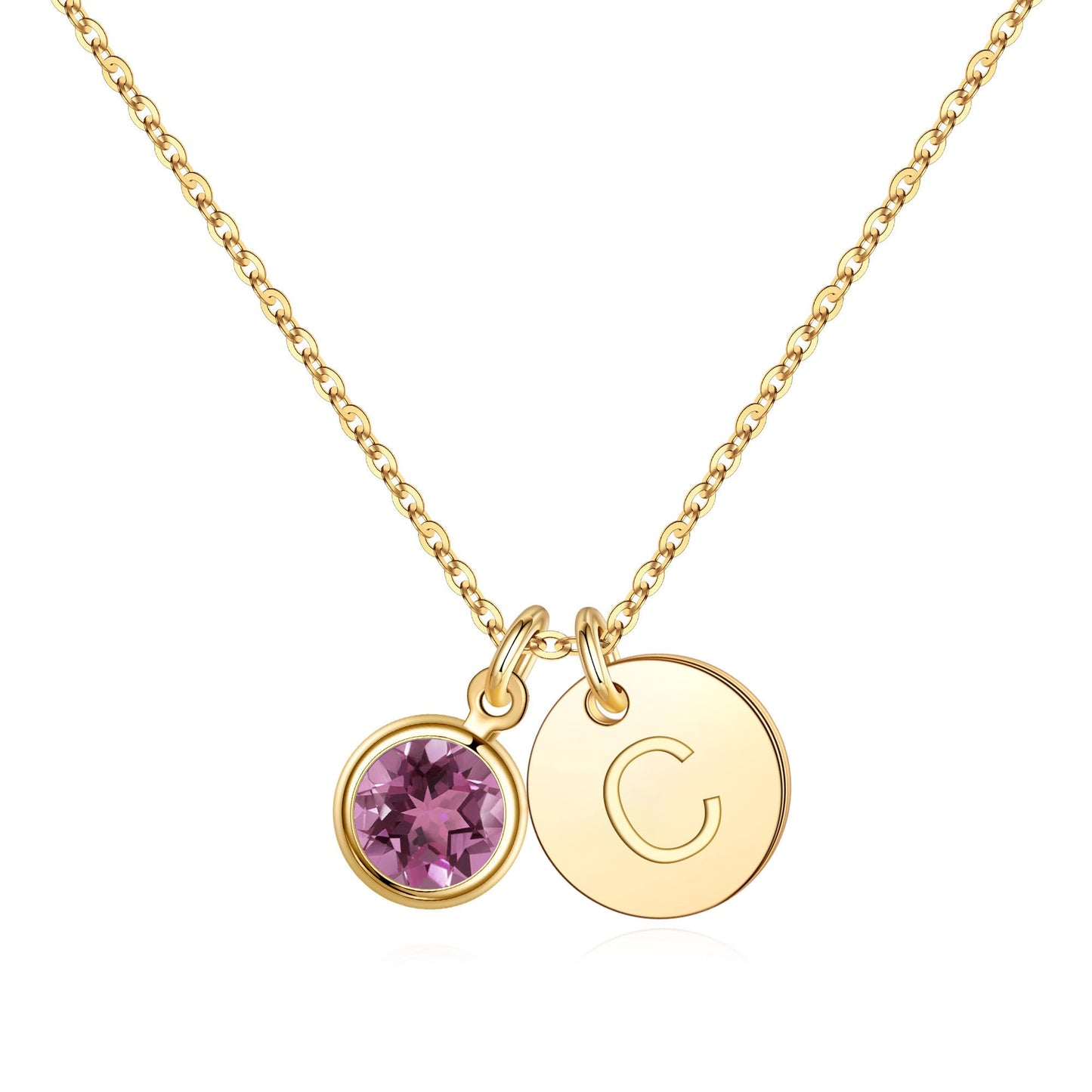 Hidepoo Initial Birthstone Necklace Gifts - Personalized Mothers Day Birthday Gift for Woman Wife Sister Grandma Mom, February Amethyst Birthstone Jewelry for Women, Disc Letter C Necklaces