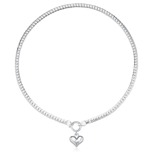 NUZON Love Heart Pendant Necklace for Women Silver Plated Thick Flat Herringbone Snake Chain Choker Engraving “Love You” Charm Sailor Lock Layering Jewelry 16’’