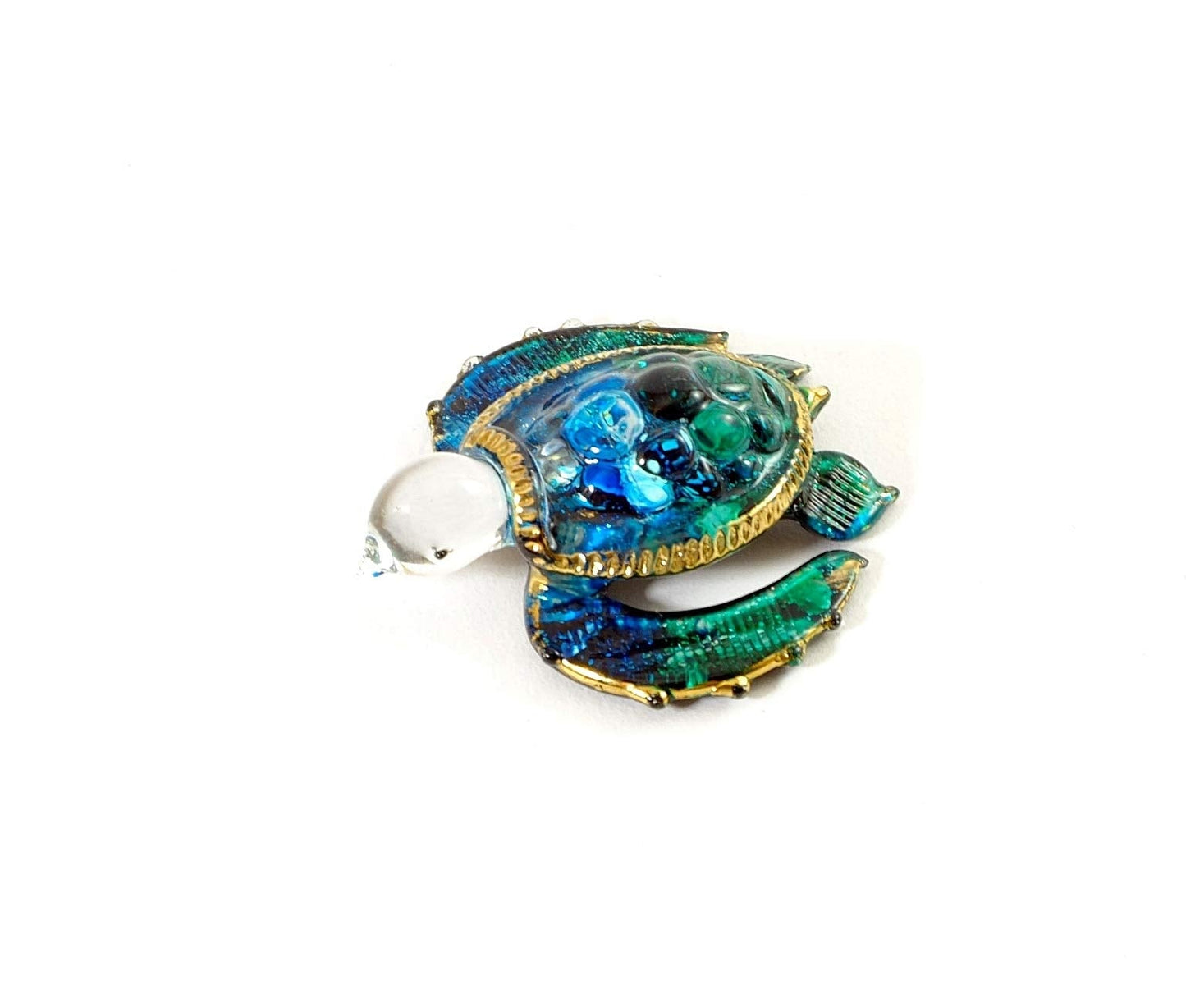Handmade Mini 2" Blown Glass Sea Turtle Figurine Art, Cool Stuff, Miniature Animals, Home or Garden Decor Gift Ideas (Ocean Blue with 22k Gold Accents)