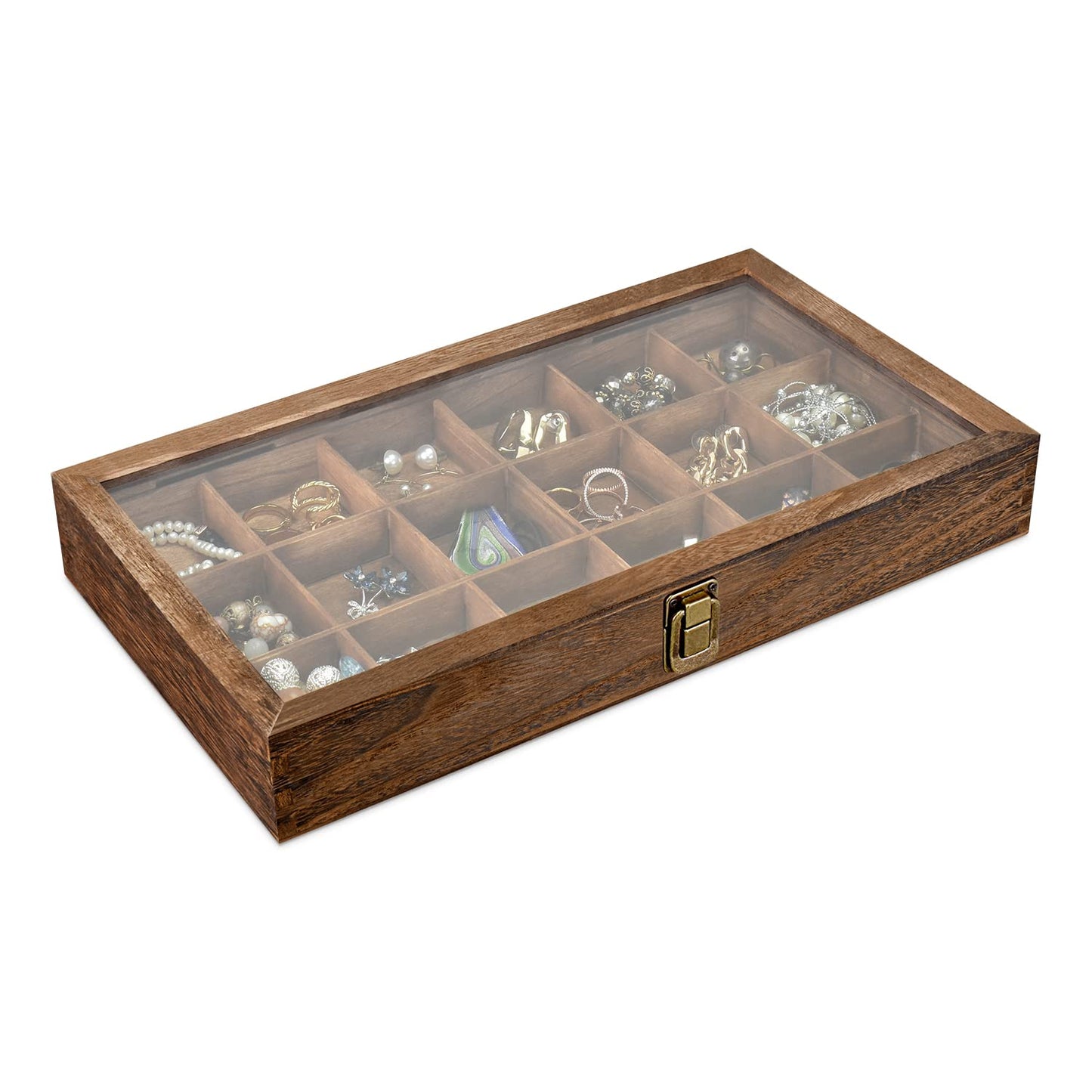 MOOCA Wooden Jewelry Display and Beads Display Storage Case with Tempered Glass Lid , 18 Compartments, 15" W x 8 3/8" L x 2 1/8" H, Brown Color