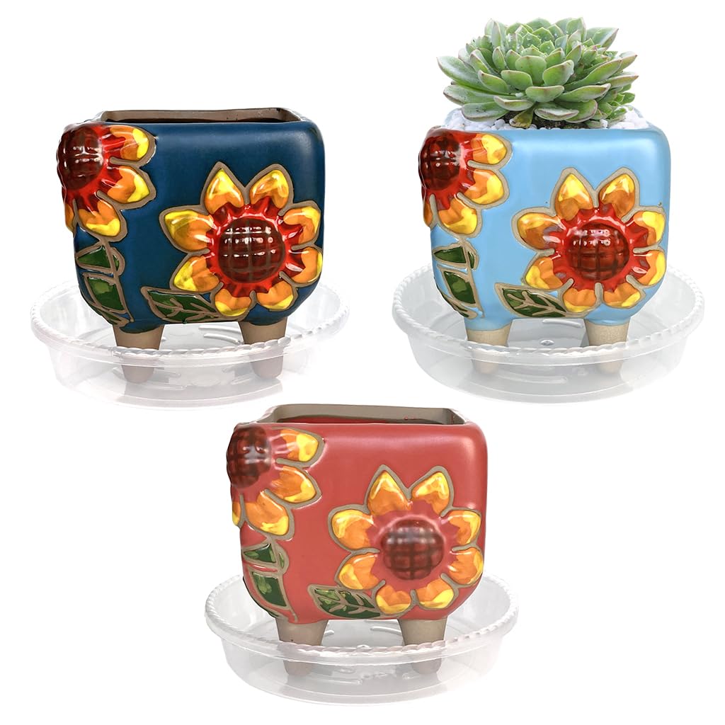 Summer Impressions 3.63 Inch Hand Painted Square Succulent Planter with Drainage and Clear Plastic Saucers Cactus Planter Pot Clay Pot Sunflowers Indoor Outdoor Pack of 3