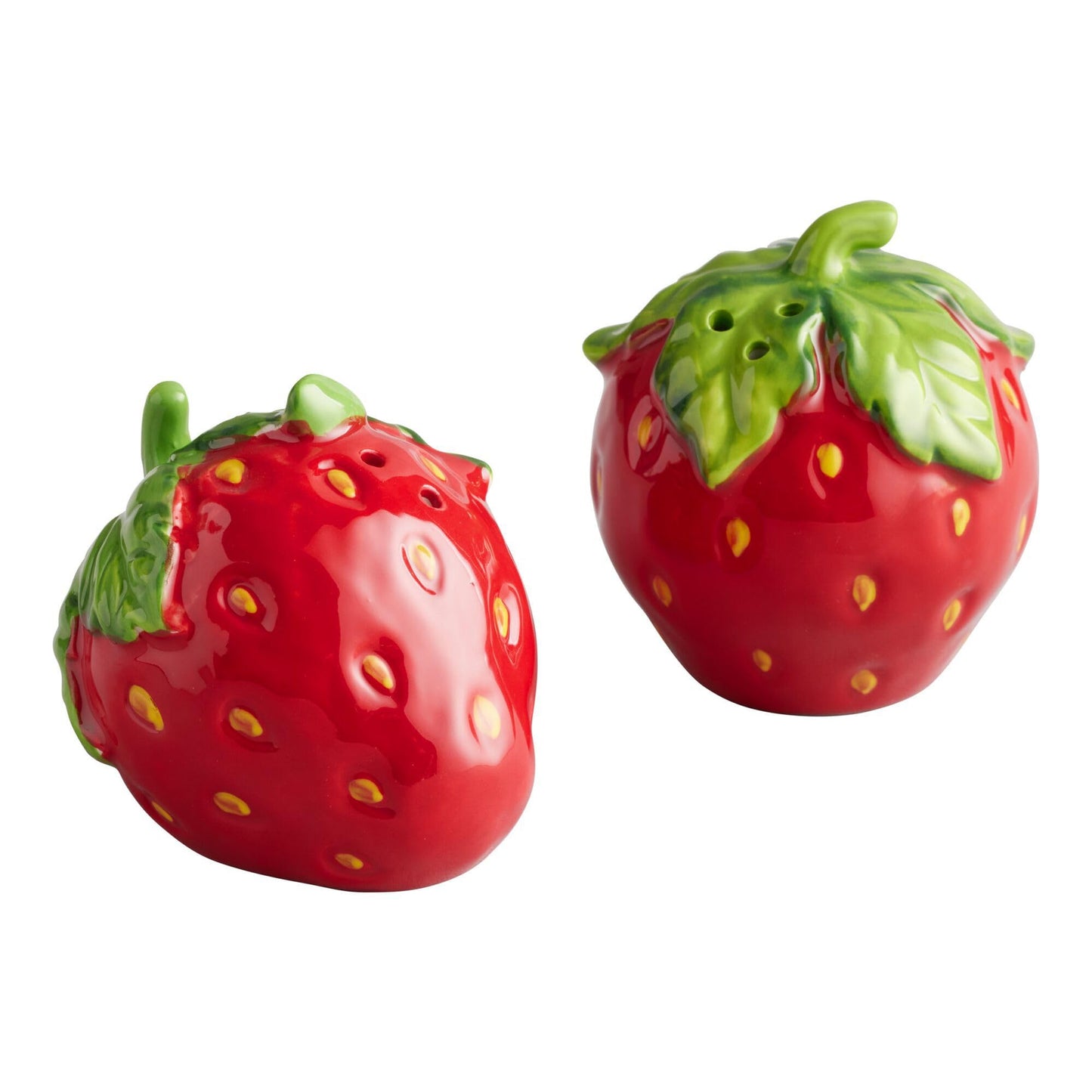 Strawberry Salt and Pepper Shakers Set - Small and Cute Ceramic Salt Shaker & Pepper Container Set with Red & Green Design - Unique & Fun Strawberry Kitchen Decor - Spice Dispenser Seasoning Set of 2