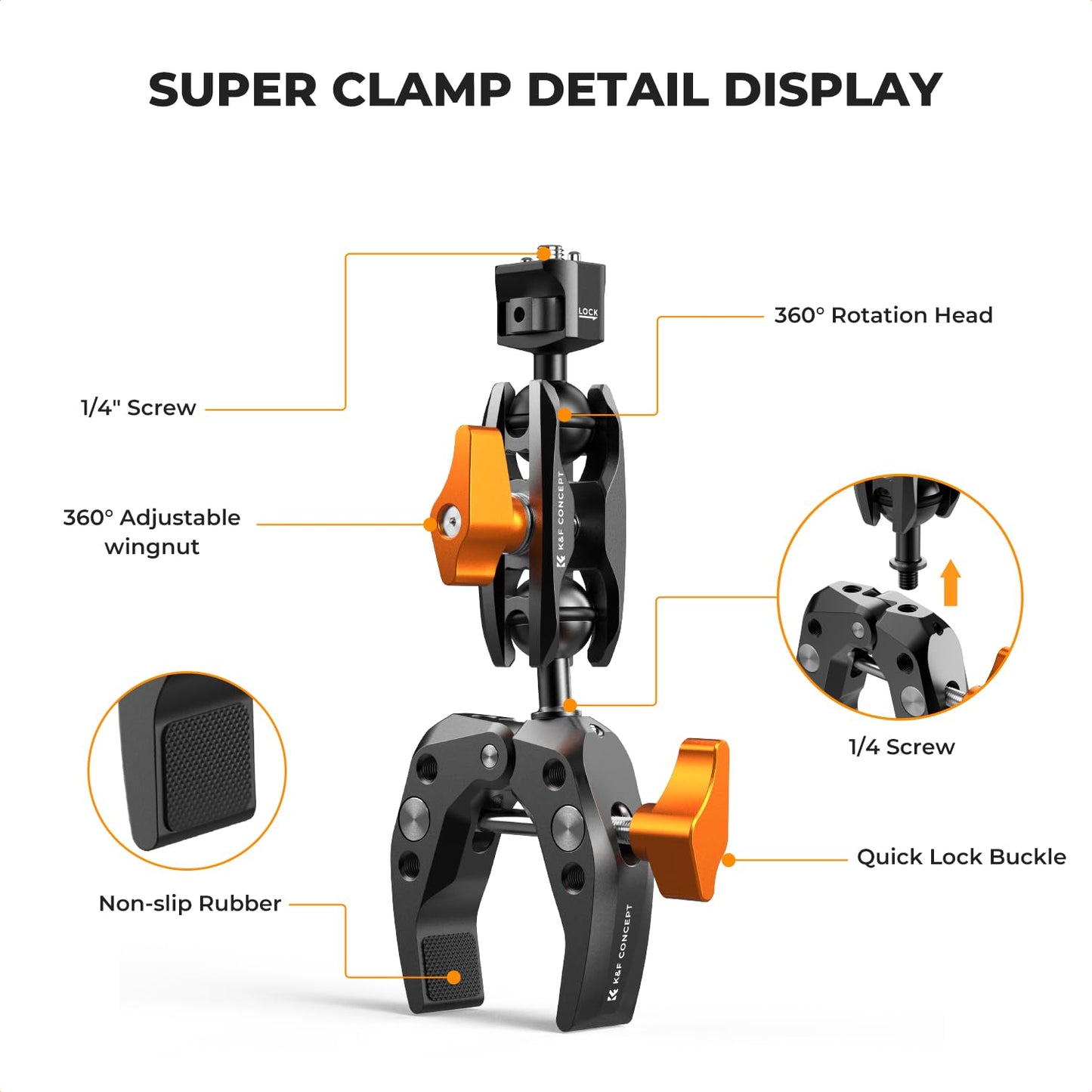 K&F CONCEPT Camera Clamp Mount, Super Clamp Mount Magic Arm with Two 360° Ball Heads, ARRI 1/4" Screw Threads for DSLRs, Action Camera, Tripod, Phone Compatible with Gopro/DJI/Insta360