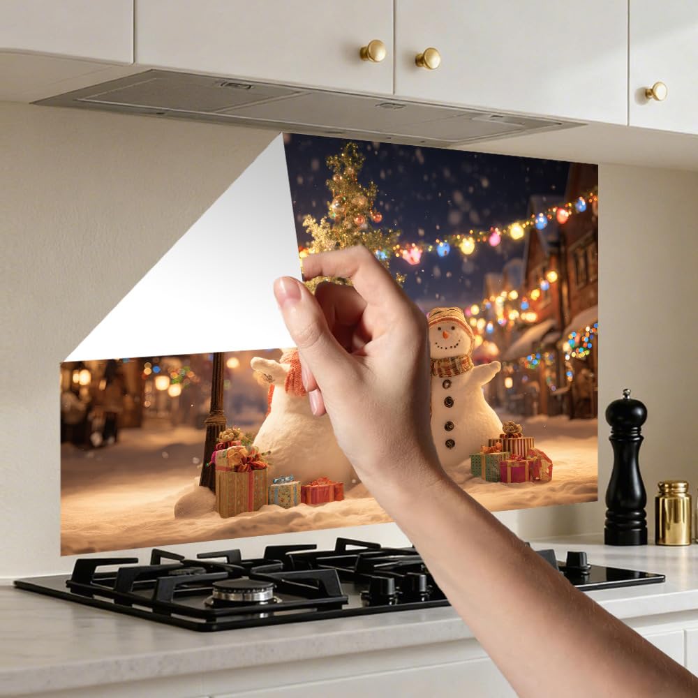WDESYADMS 35.5x23.6 Inch Winter Snowman Wall Decals PVC Holiday Village Night Scene Peel and Stick Decorative Film for Home Cooking Area Backsplash Stovetop Space Seasonal Festive Style