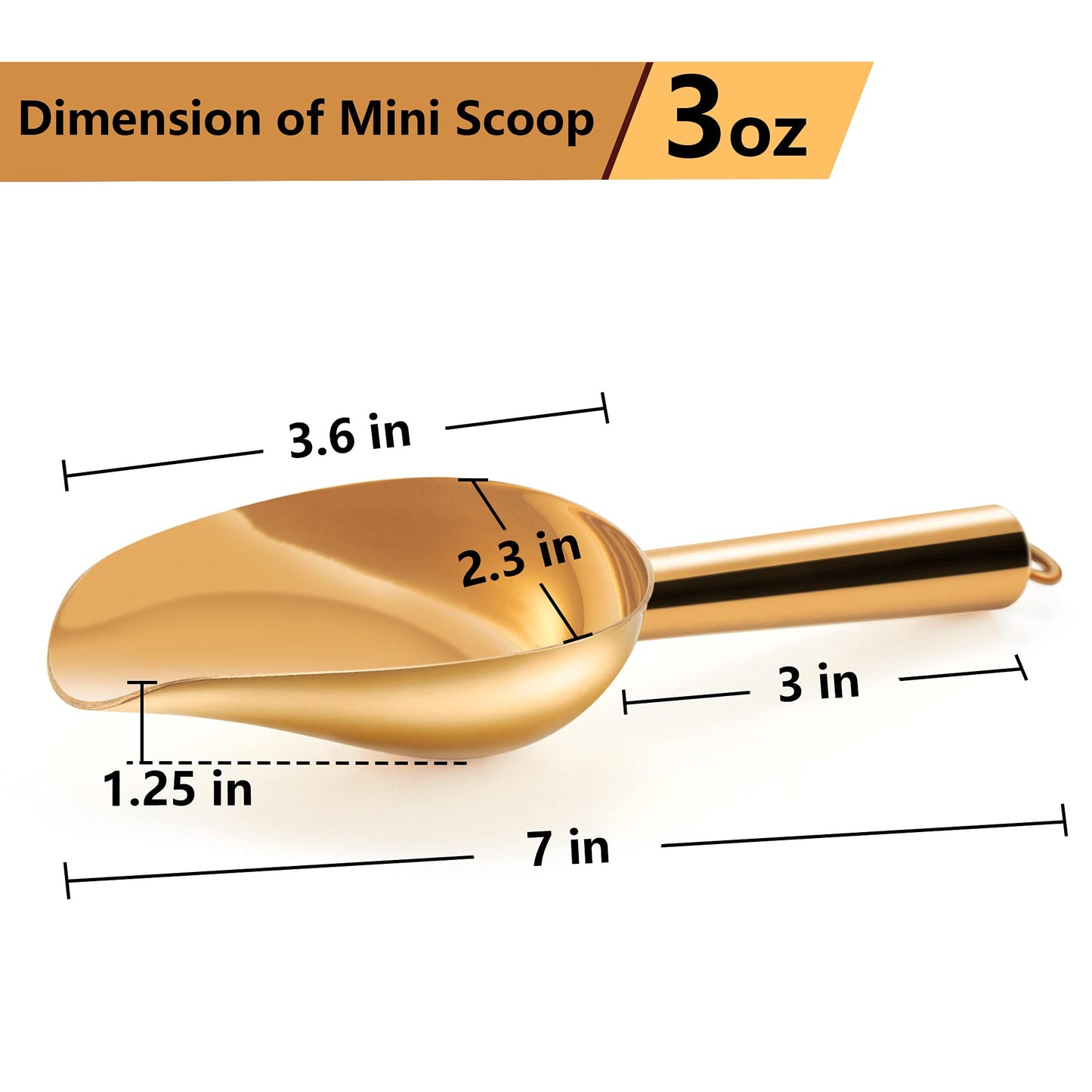 TeamFar Mini Scoop Set of 2, 3 Oz Stainless Steel Small Gold Canister Candy Utility Scoops Versatile for Kitchen Dispenser Buffet Jars, Rust Free & Long Lasting, Mirror Finish & Dishwasher Safe