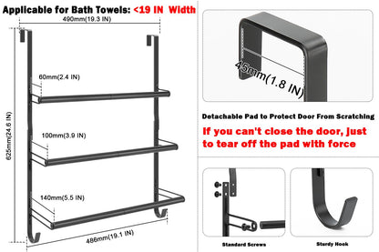 Livabber 3-Tier Over The Door Towel Rack, All Metal Towel Rack with Hooks for Door Hanging, Behind Door Towel Bar Towel Storage Holder for Bathroom Accessories, Black (19.37" L x 5.9" W x 24.4" H)