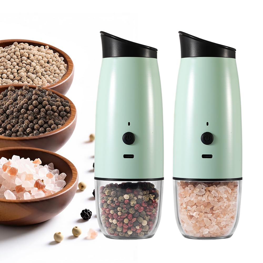 2 PCS Rechargeable Gravity Electric Salt and Pepper Grinder Set Shakers Automatic Grinders Adjustable Coarseness Mill Grinder Set with 3.5oz 90ml Capability size 2.4x7 inches Charging By USB