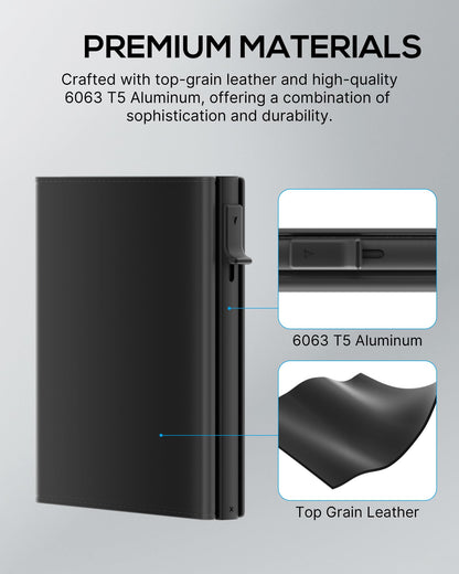 Mens Wallet Card Holder - Smart Wallet for Men, Pop Up Card Case, Top Grain Leather, RFID Blocking, Slim, Minimalist, Ultra Thin, Front Pocket, 9-14 Card Capacity | ID Window | Cash Slot (Black)