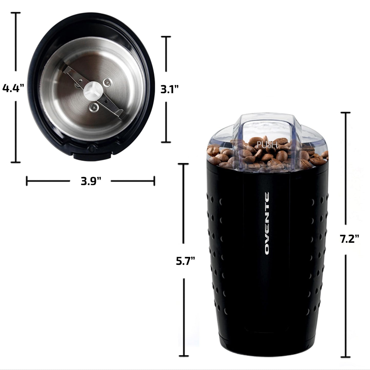 OVENTE Electric Coffee Grinder for Beans, Spices and More, 2.5Oz Compact Grinding Mill, Spice Grinder with Stainless Steel Blade, Pulse Button Operation and Transparent Easy to Open Lid, Black CG225B
