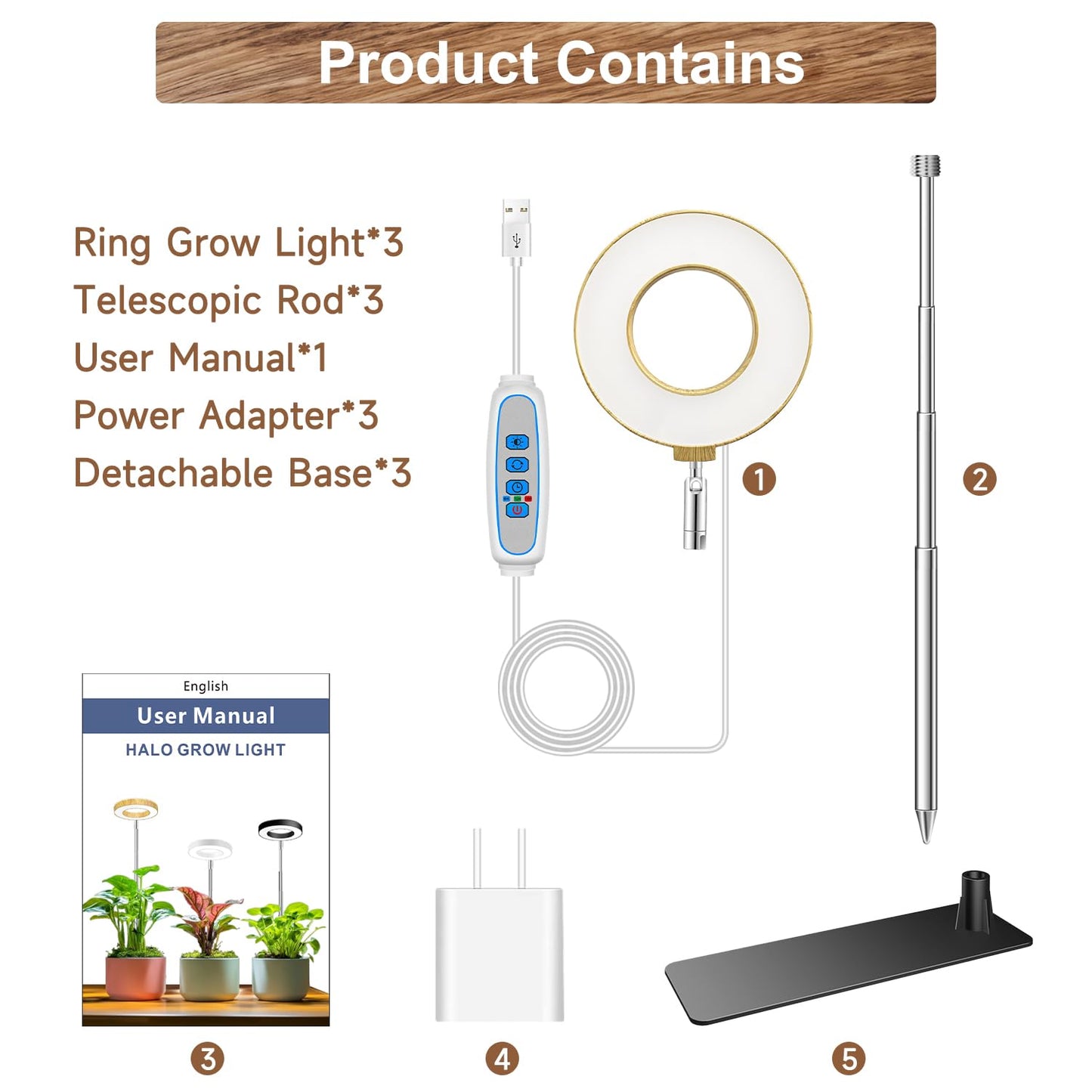 Aokrean Grow Light, 48 LEDs Full Spectrum Plant Lights for Indoor Growing, Height Adjustable Wood Grain Plant Grow Light with Base, 3 Optional Spectrums, Auto Timer 6/12/16Hrs, 5 Brightness