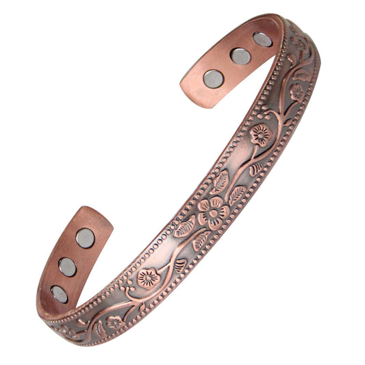 MagEnergy Copper Bracelets for Women, 99.9% Pure Copper Vintage Flower Magnetic Bangle with 3500 Gauss Magnets,6.3" Adjustable Cuff Jewelry Box