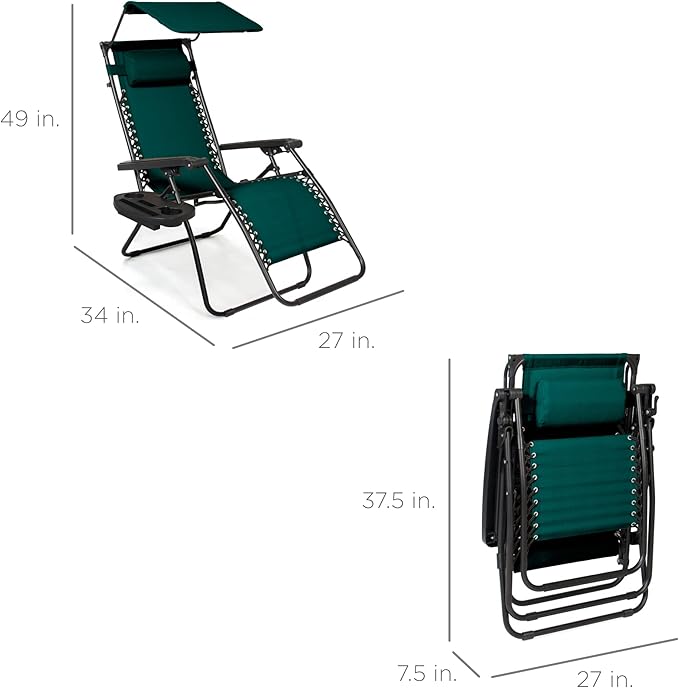 Best Choice Products Folding Zero Gravity Outdoor Recliner Patio Lounge Chair w/Adjustable Canopy Shade, Headrest, Side Accessory Tray, Textilene Mesh - Forest Green