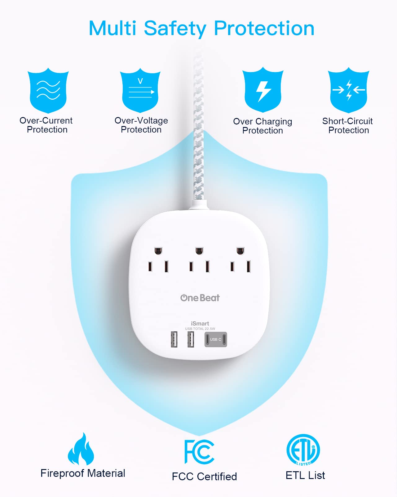 Flat Plug Power Strip, 6ft Ultra Flat Extension Cord - 3 Outlets 4 USB Ports (2 USB C) 22.5W/4.5A Desktop Charging Station, Power Strip No Surge Protection for Cruise Ship, Dorm Room Travel Essentials
