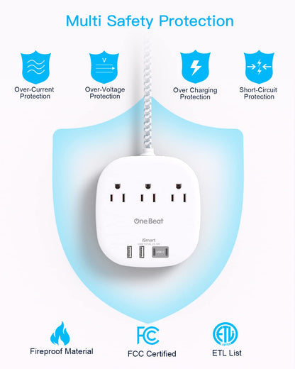 Flat Plug Power Strip, 6ft Ultra Flat Extension Cord - 3 Outlets 4 USB Ports (2 USB C) 22.5W/4.5A Desktop Charging Station, Power Strip No Surge Protection for Cruise Ship, Dorm Room Travel Essentials