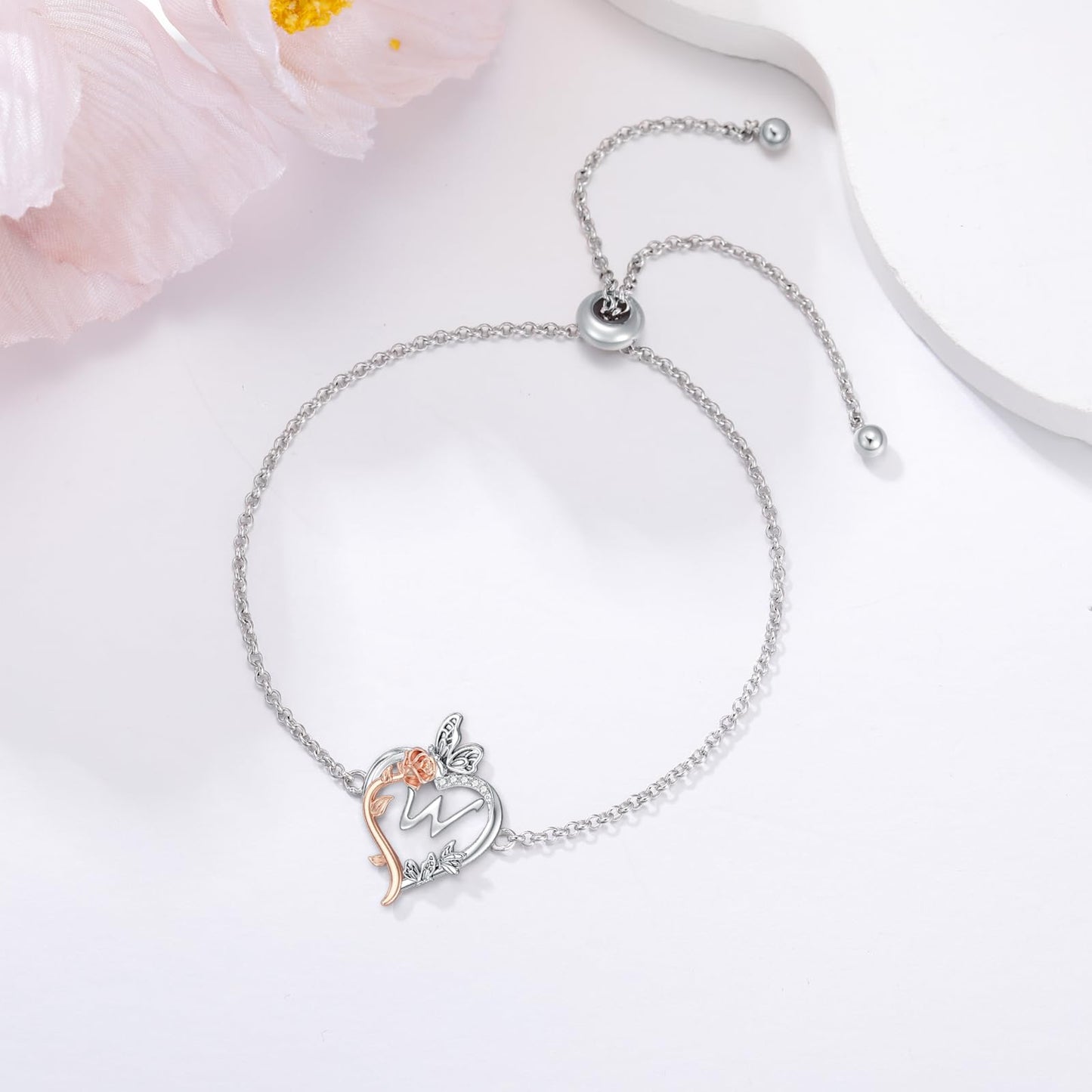 TOUPOP Rose Heart Bracelet for Women Sterling Silver Heart Initial W Letter Bracelet Butterfly Love Jewelry Anniversary Birthday Mothers Day Gifts for Mom Wife Her Girlfriend